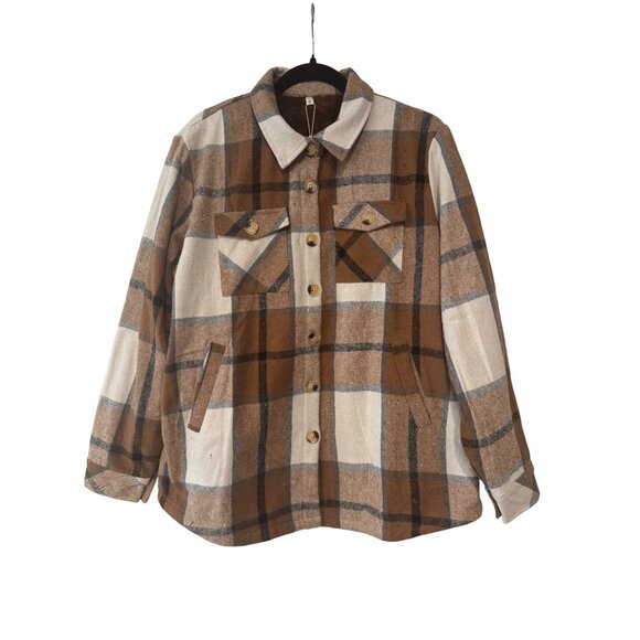 Plaid Brown & Beige Button-Up Jacket With Pockets XL - Picture 1 of 6